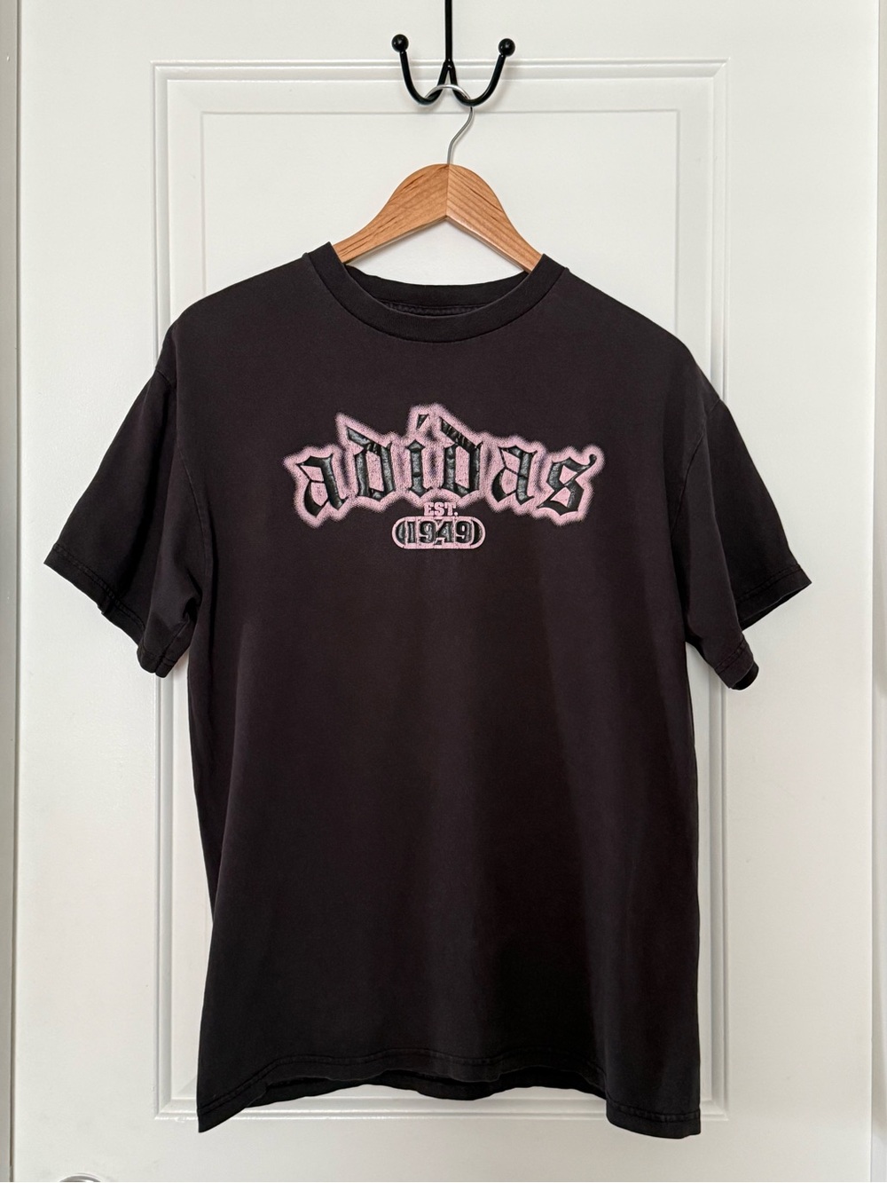 adidas Black Short Sleeve Tee with Pink Outline Logo